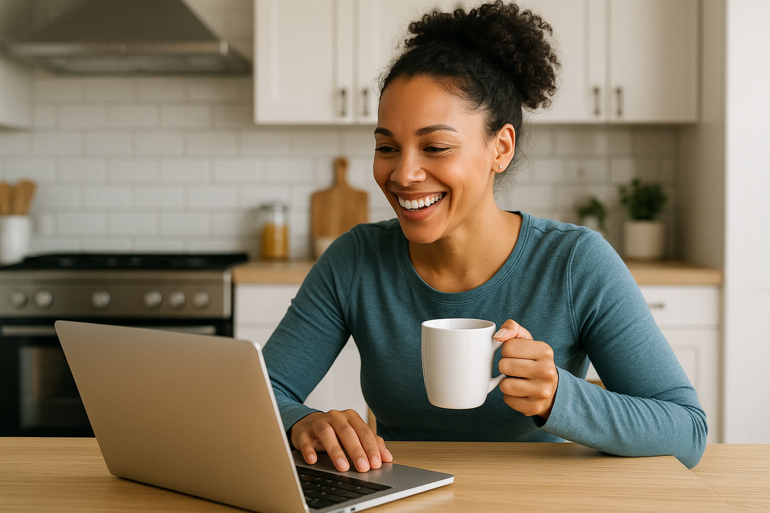 Caring mother using laptop to connect with her son