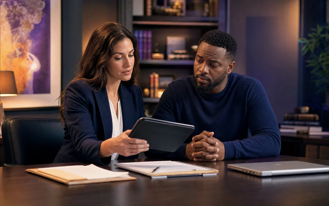 Family member speaking with a criminal defense attorney in a calm modern office consultation.