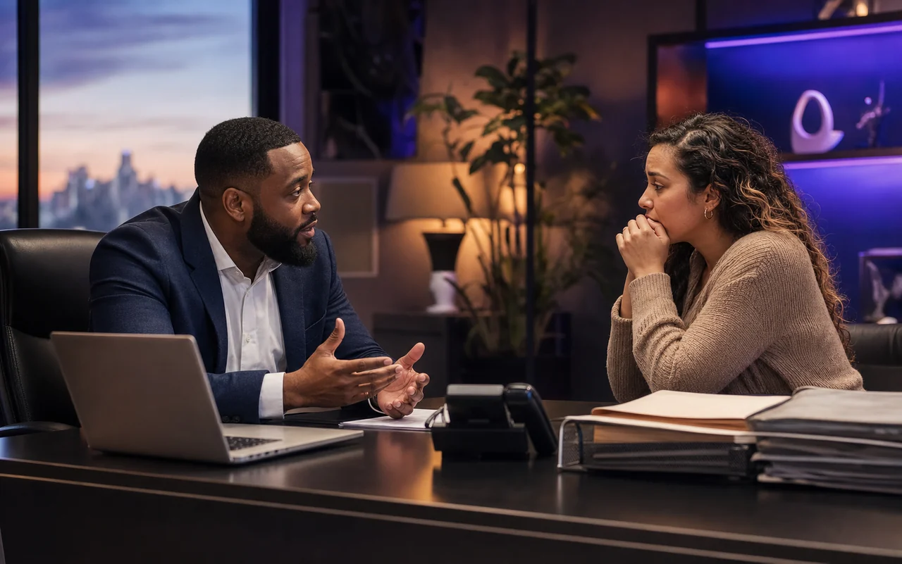 Family member reviewing next-step paperwork with a professional bail agent in a modern office.