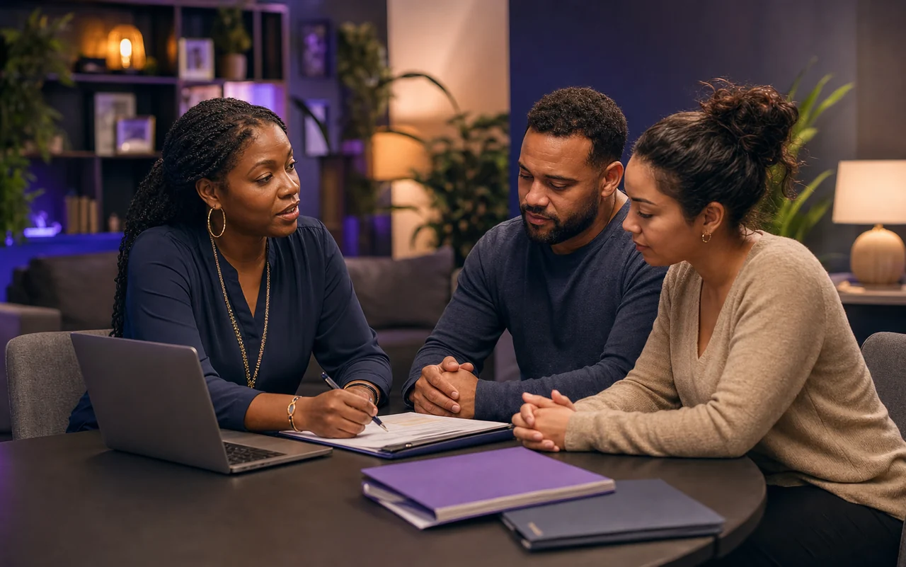 Family member organizing reentry and community support steps with a counselor in a welcoming office.