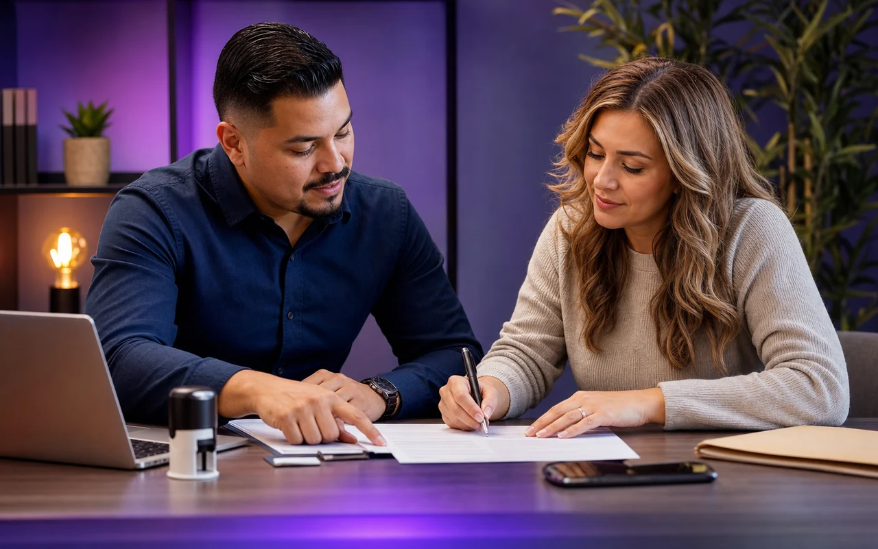 Family member receiving document-signing guidance from a professional notary at a modern desk.