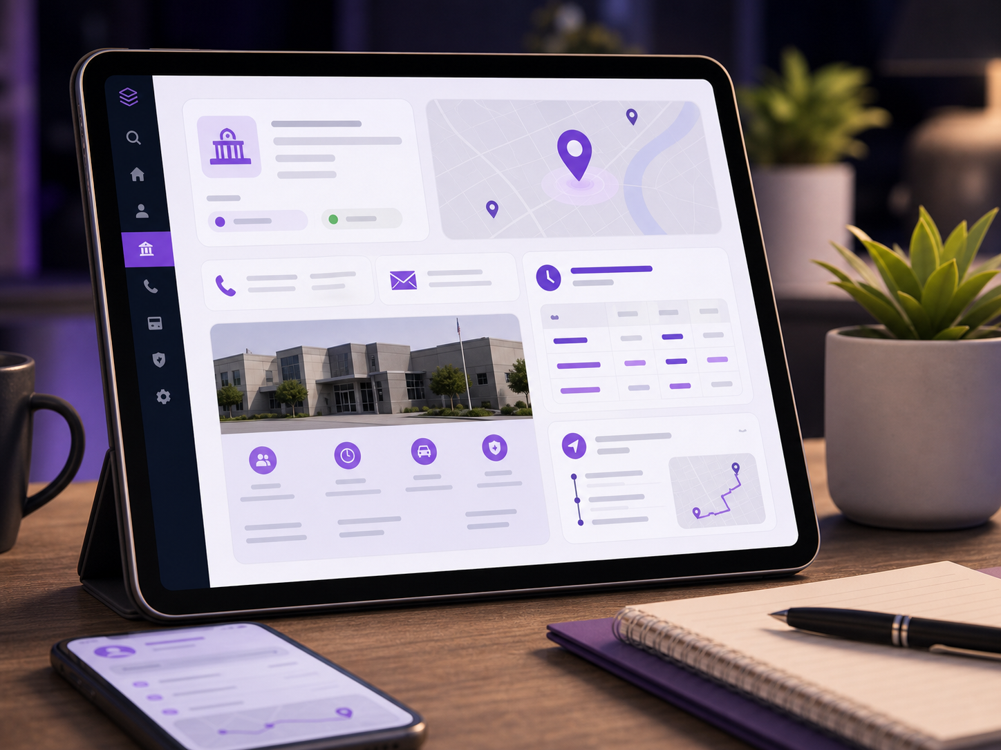 Facility profile screen concept with map, visiting, phone, mail, and deposit information cards.