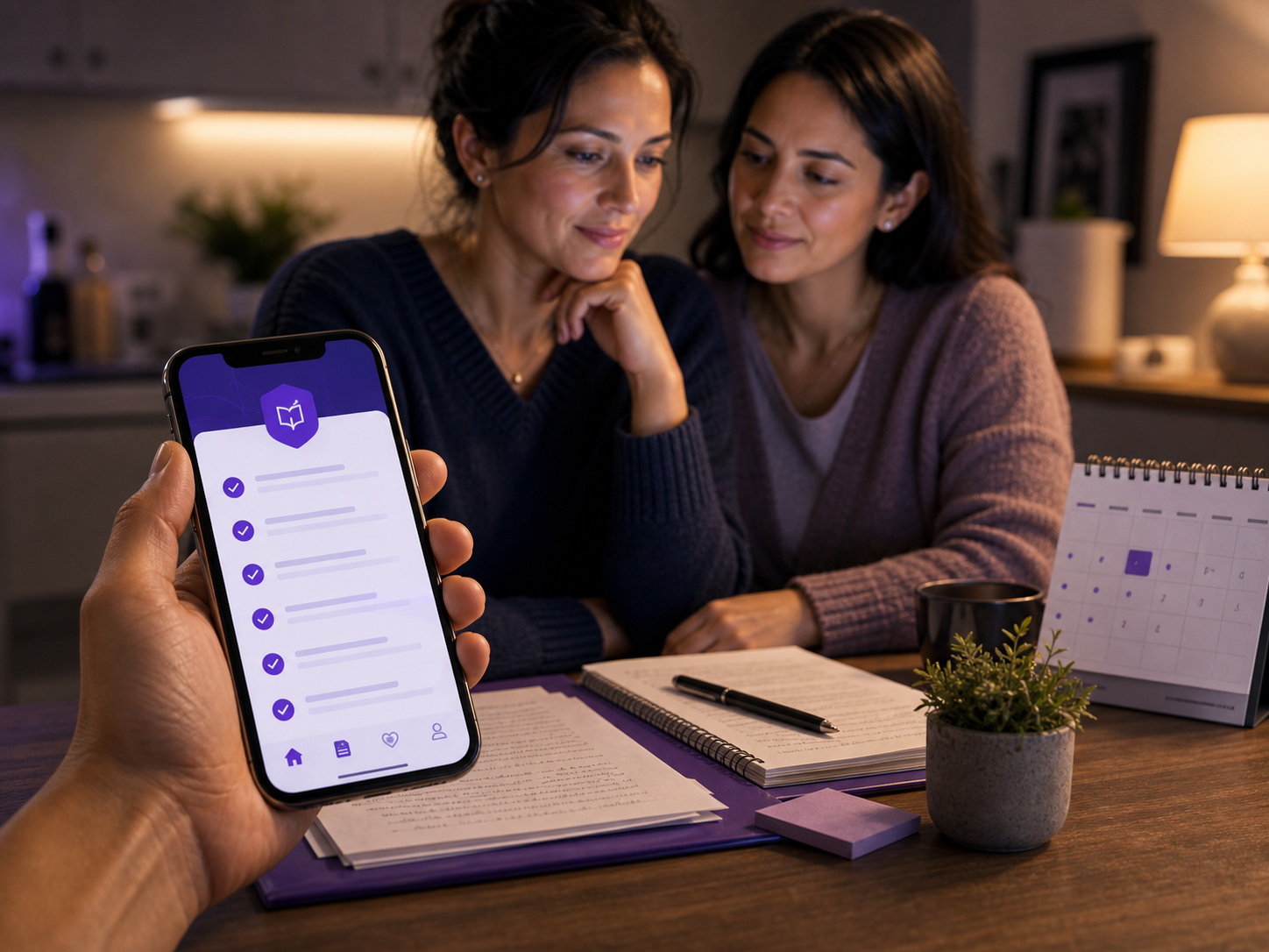 Family members reading a survival guide checklist on a phone with notes and a calendar nearby.