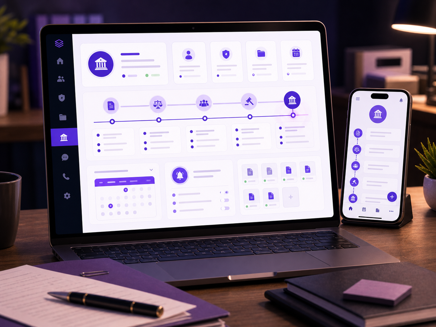 Court Case Manager concept with timeline, document attachments, reminders, and calendar cards.
