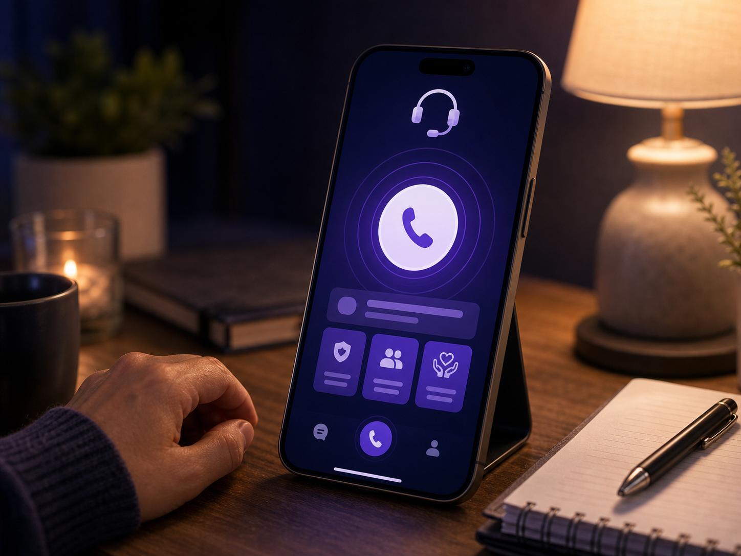 CrisisLink one-tap expert help concept with phone, call button, and support cards.
