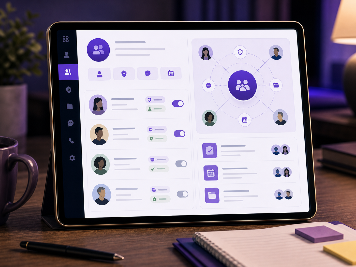 FamilyLink contact management concept with trusted adult avatars, roles, and permission toggles.