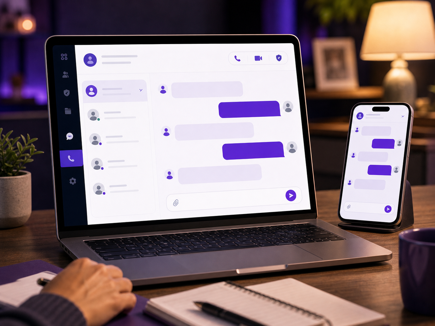 In-app vendor chat concept with blank message bubbles and profile circles.